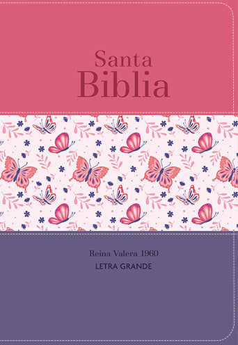 BIBLIA RVR 1960 COMPACTA LETRA GRANDE 11 PUNTOS SIMIL PIEL TRICOLOR PALO ROSA MARIPOSA LILA
