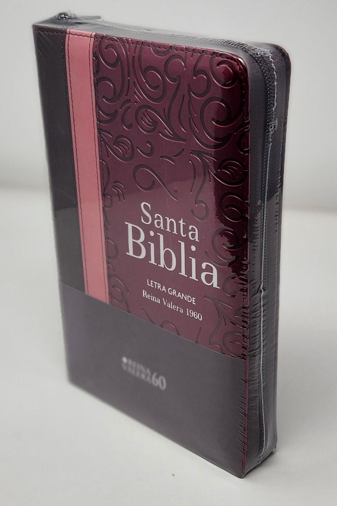 Biblia RVR 1960 Letra Grande Tamaño Manual Tricolor Guinda Palo Rosa Marrón con Índice y Cierre