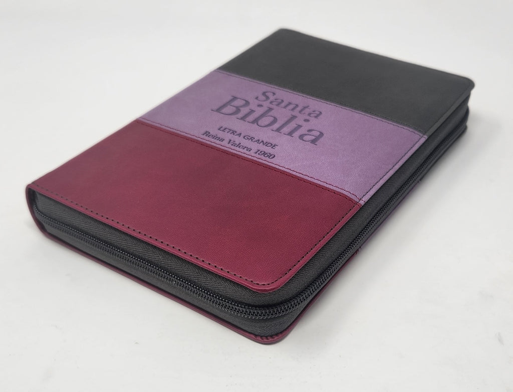 Biblia RVR 1960 Letra Grande Tamaño Manual Tricolor Marrón Lila Claro Violeta con Índice y Cierre