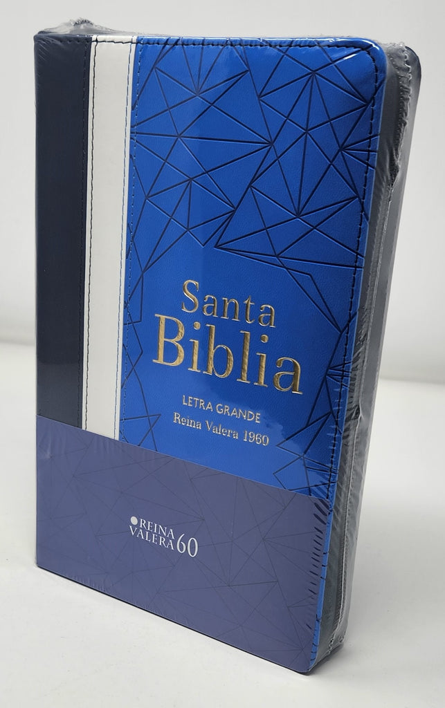 Biblia RVR 1960 Letra Grande Tamaño Manual Tricolor Azúl Crema Azúl Marino con Índice y Cierre